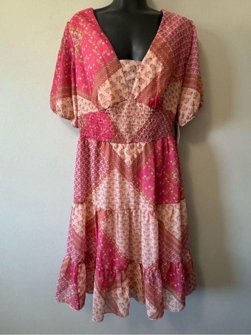 Kate and Lily Chic Patchwork Midi Dress in Pink Tones size 12